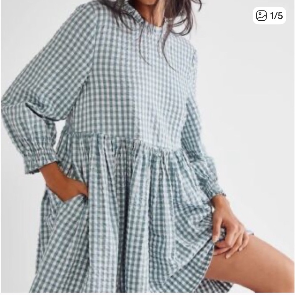 Free People Gingham Long Sleeve Dress in Green